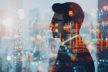 A businessman blended with a stock graph in a double exposure effect, with space for text. The image conveys strategic decision-making and financial growth.