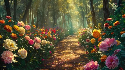 Obraz premium A path through a field of flowers with a bright, sunny day. The flowers are of various colors, including pink, yellow, and white. The scene is peaceful and serene