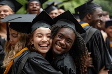 Obraz premium Group of joyful multiethnic graduates in black caps and gowns, embracing each other and displaying their diplomas, having fun together