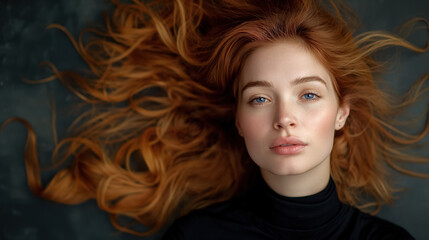 Naklejka premium Woman with long red hair, lying down with a calm expression, showcasing her flowing locks and serene beauty.