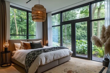 Fototapeta premium Bedroom with a king-sized bed, stylish decor, and large windows