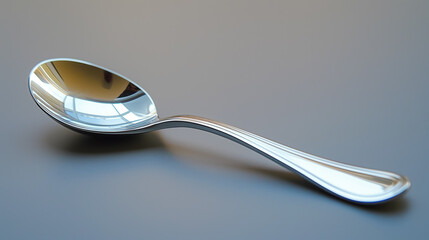 Shiny metal spoon placed on a plain surface, reflecting light, showcasing its smooth and polished design.