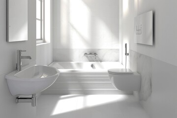Fototapeta premium Simple and modern white bathroom with a white sink and minimal fixtures, showcasing minimalism.