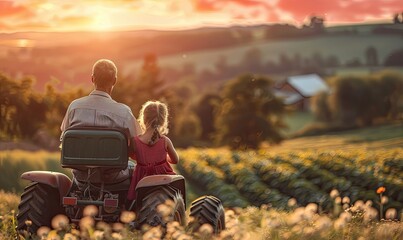 A man and a little girl are riding a tractor through a field