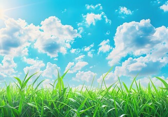 Fototapeta premium Green Grass Meadow Under Sunny Blue Sky