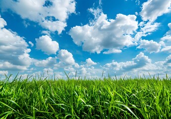 Obraz premium Green Grass Field with Blue Sky and Clouds