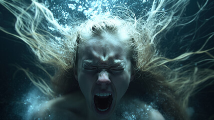 Woman underwater with hair floating wildly, screaming in a dramatic and intense moment, capturing raw emotion and a sense of struggle.
