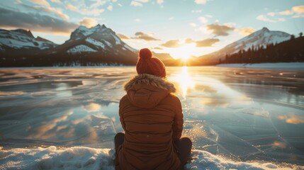 A delighted traveler enjoys a moment of bliss by a frozen lake at sunset, their smile reflecting the joy of being surrounded by nature's winter wonderland, with the snowy peaks and calm waters