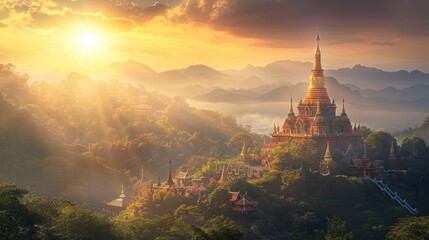 An awe-inspiring scene of a majestic temple glistening in the golden light of the sun, set against the backdrop of Thailand's picturesque landscape, capturing the essence of tranquility and