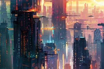 Obraz premium Futuristic cityscape with vibrant lights and towering skyscrapers
