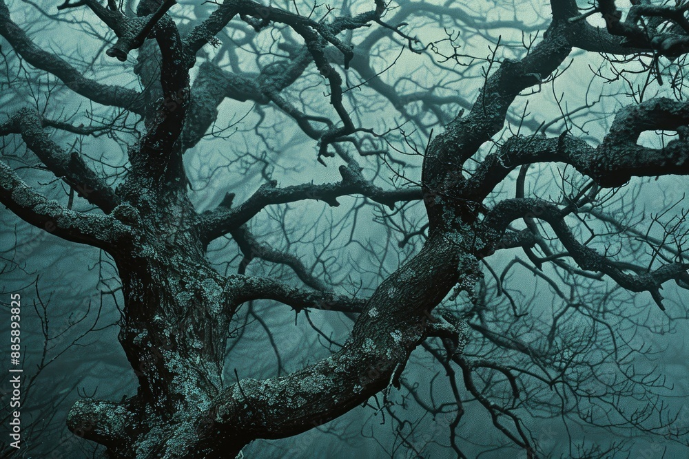 Poster a tree with branches that are twisted and covered in moss. the image has a moody and eerie atmospher