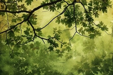Fototapeta premium A tree branch with leaves is shown in a painting. The painting has a bright and lively mood, with the green leaves and the sunlight shining through the branches