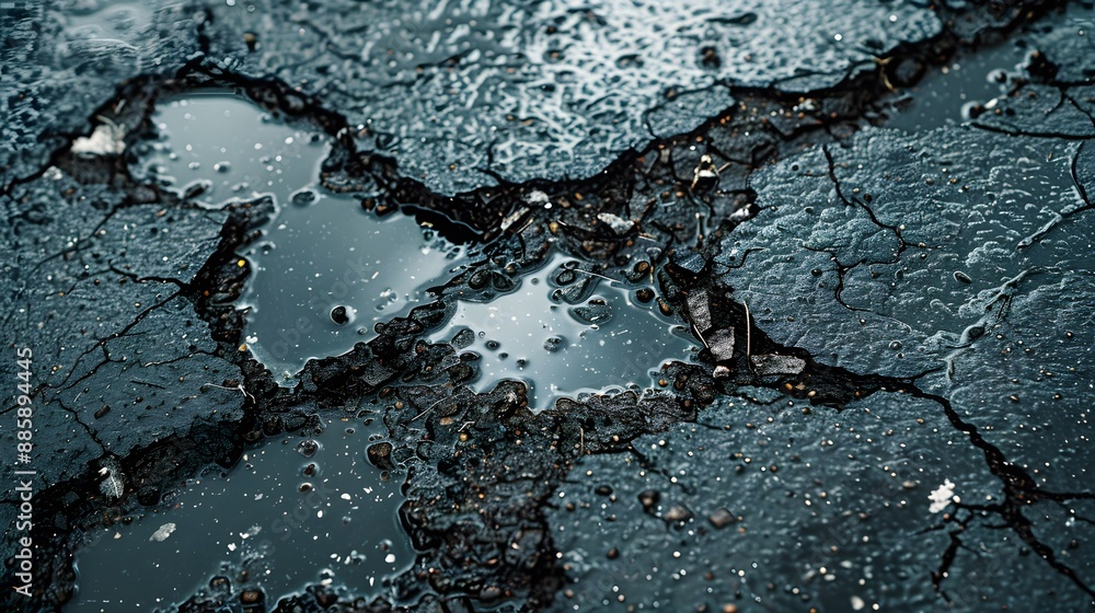 Wall mural Texture of damaged asphalt road surface, cracked asphalt road with hole and water from rain in, close up 