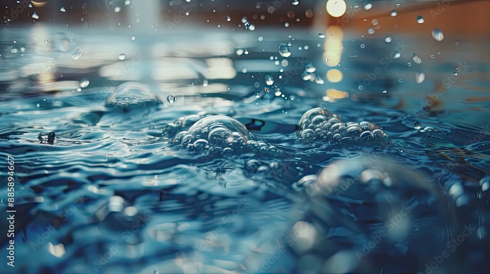 Poster a body of water with bubbles floating on the surface. the bubbles are scattered throughout the water