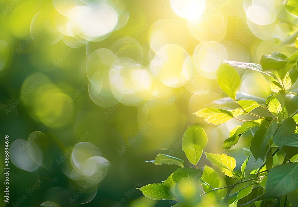 Wall mural abstract green spring bokeh background with leaves
