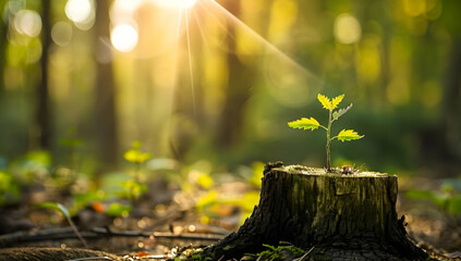 A small plant growing from a tree stump in a sunlit forest, symbolizing new beginnings and resilience in nature. Sun rays illuminate the scene.