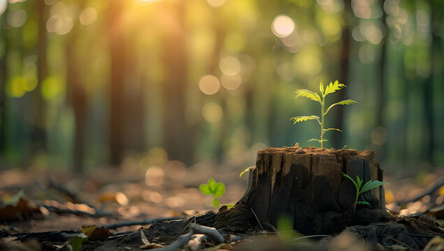 A small plant grows from a tree stump in a sunlit forest, symbolizing new beginnings and nature's resilience.