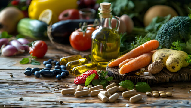 A variety of fresh vegetables and nutritional supplements displayed on a rustic wooden table, promoting healthy eating and lifestyle.