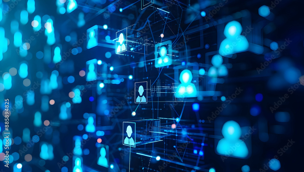 Poster abstract digital network with icons of people connected by lines, representing communication technol