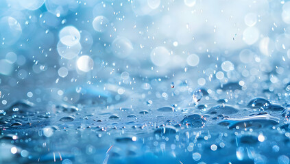 Abstract blue water droplets background with bokeh effect, perfect for weather-related designs or refreshing themes.
