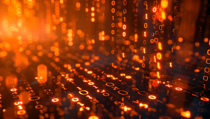 Abstract digital background with glowing binary code, showcasing data flow, technology, and futuristic design in orange tones.