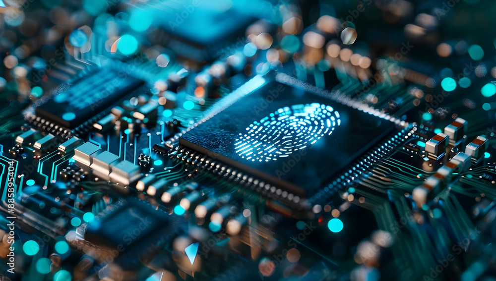 Poster close-up of a microchip with a digital fingerprint hologram, highlighting advanced technology and bi