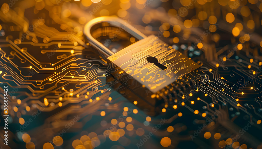 Poster close-up of a padlock on a circuit board symbolizing cybersecurity, data protection, and information