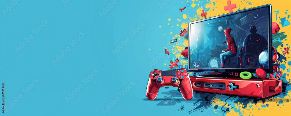 Poster a video game is displayed on a red screen with a controller on the left side. the background is a bl