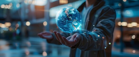 Businessman Holding Digital Earth Hologram