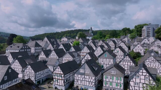 Flying Over Authentic Half-Timbered Houses, Aerial View, Freudenberg, Germany