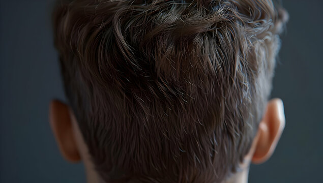 Close-up view of the back of a man's head with short hair, showcasing details of the hairstyle and texture against a dark background.