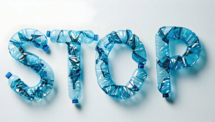 Crumpled plastic bottles spelling out the word STOP, symbolizing a call to end plastic pollution and raise environmental awareness.