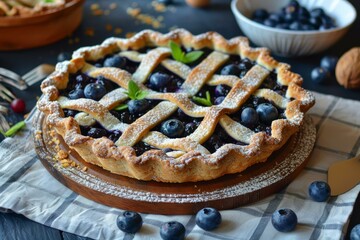 Freshly baked blueberry pie with lattice upper crust decorated with sugar powder and mint leaves