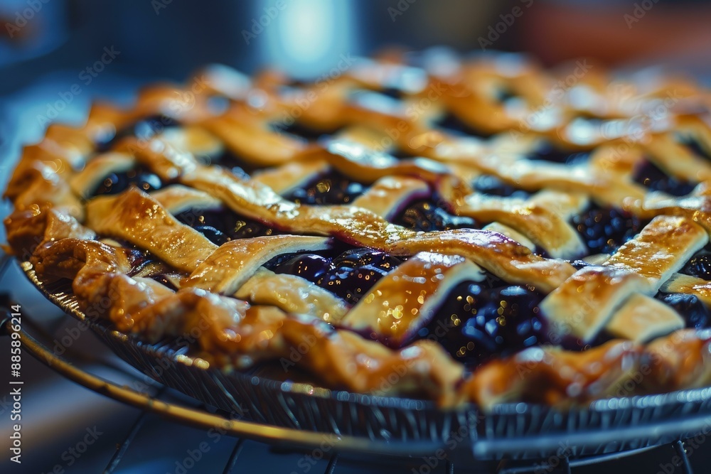 Sticker delicious golden brown blueberry pie cooling on a rack, fresh out of the oven