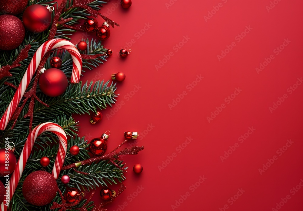 Sticker Red Christmas Background with Candy Cane and Fir Branches