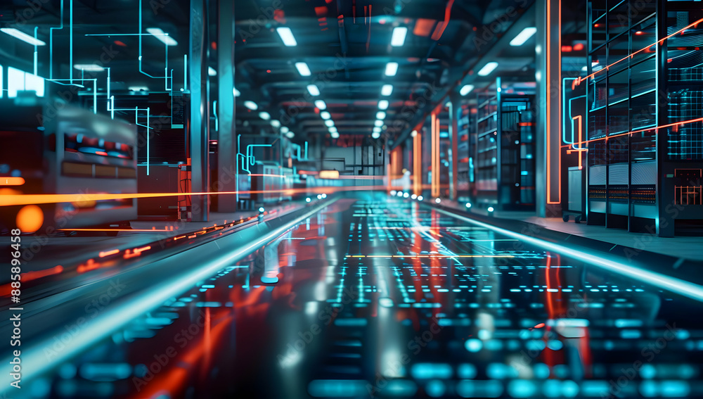 Poster futuristic data center with glowing blue and red lights showcasing advanced technology and high-spee