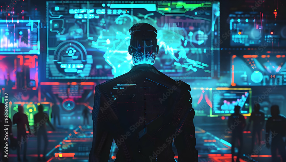 Poster futuristic man overlooking high-tech holographic interface in a cyberpunk setting with neon lights a