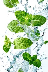 Fresh Green Mint Leaves Splashing in Water – Refreshing and Vibrant Close-Up