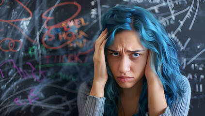 Frustrated woman with blue hair in front of a chalkboard filled with mathematical equations, expressing stress and confusion.