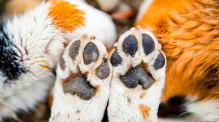 Close up top view of dog paws with a heart shaped spot pattern showcasing the tender affection and heartwarming love between a dog and its human companion  The soft