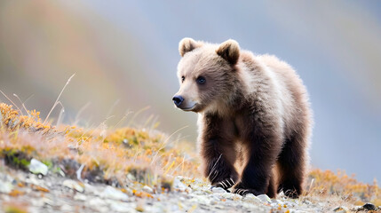 Fototapeta premium Curious and playful brown bear cub wandering through an autumn mountainscape exploring its natural habitat of grass rocks and lush foliage under a beautiful golden light