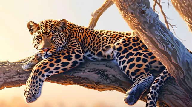 Close up portrait of a powerful leopard resting on a tree branch in the African wilderness  The big cat s spotted fur piercing eyes