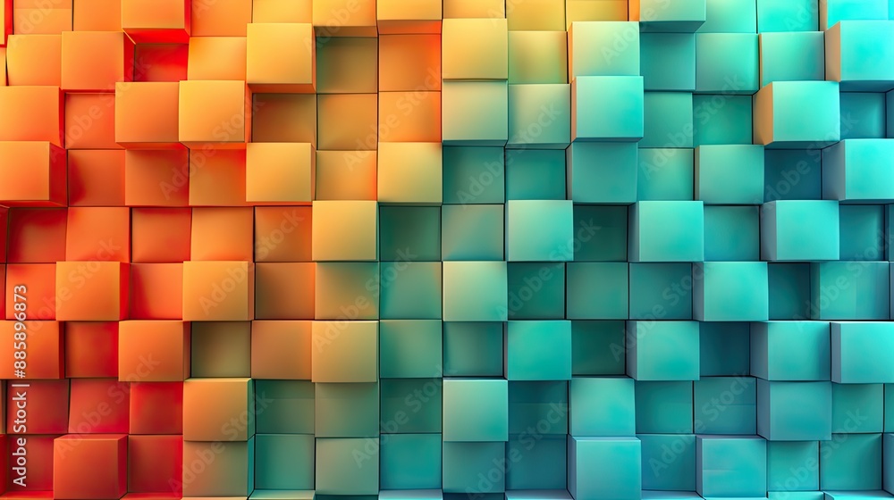 Poster Orange and blue cubes create a unique pattern. This abstract background photo is perfect for design projects needing a vibrant and modern feel.
