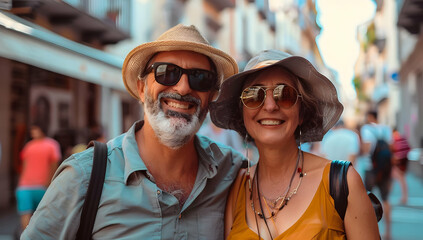Happy mature couple enjoying a sunny day out exploring the city, wearing hats and sunglasses, surrounded by a bustling crowd.