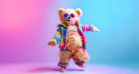 Vibrant colorful teddy bear dancing with a playful energetic expression while wearing a fashionable outfit complete with sunglasses on a bright abstract background  This whimsical