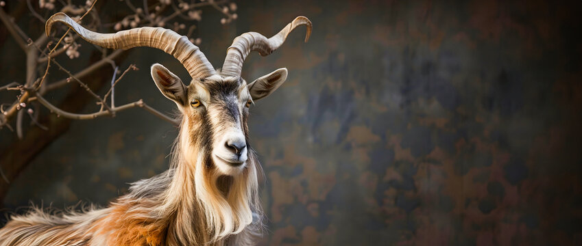 Striking image of a male Markhor goat a wild mountain dwelling caprid species known for its impressive spiral horns navigating the steep rocky terrain of its natural alpine habitat