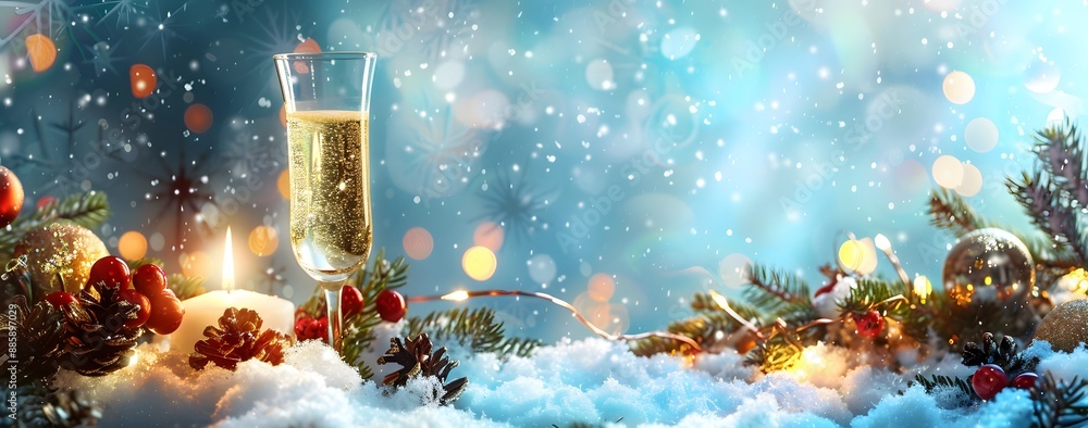 Sticker Christmas Champagne & Candle Winter Background