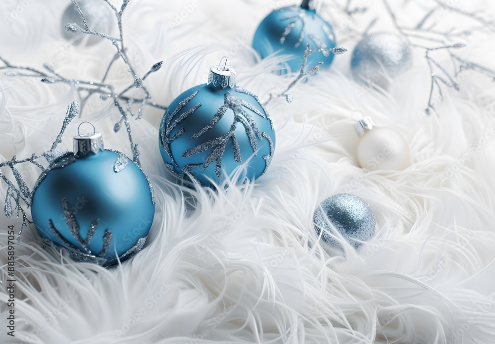 Poster Sparkling Blue Christmas Ornaments on White Fur