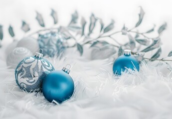 Blue Christmas Ornaments on White Fur with Silver Leaves