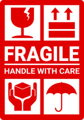 sticker fragile handle with care, red fragile warning label with broken glass symbol, this side up sign, keep dry and avoid liquid sign